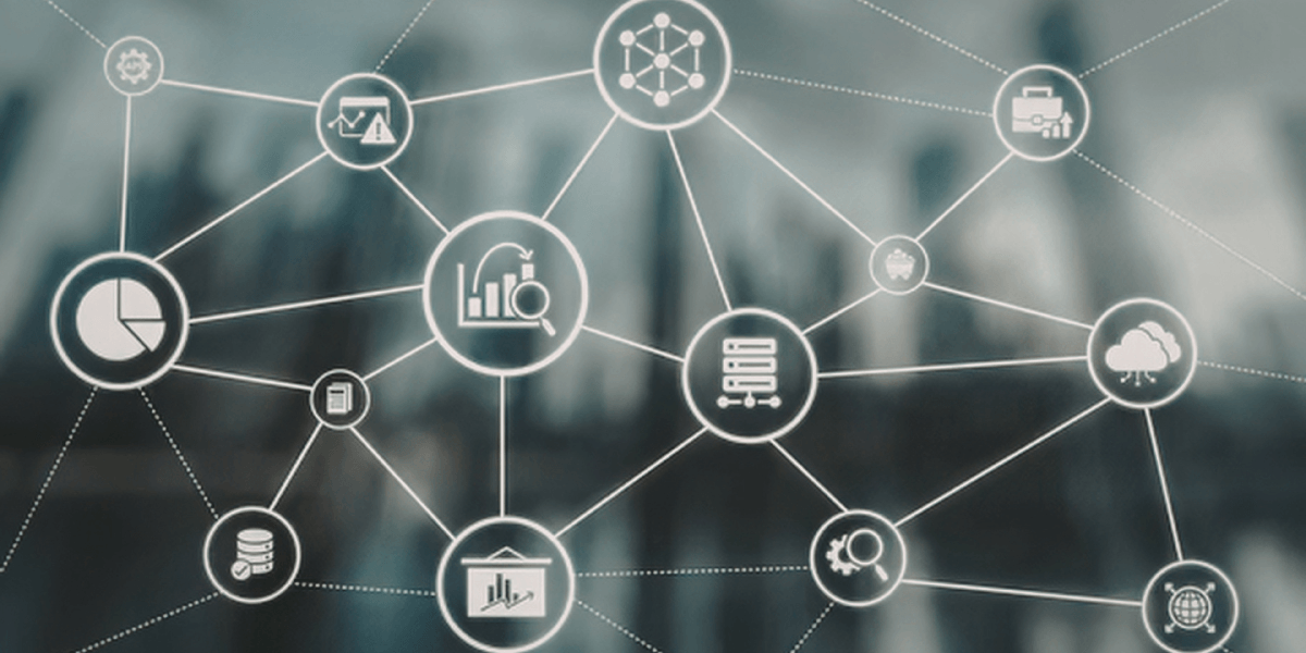 Conceptual illustration of an interconnected data network with charts, servers, cloud, and analytics icons over a blurred city skyline.