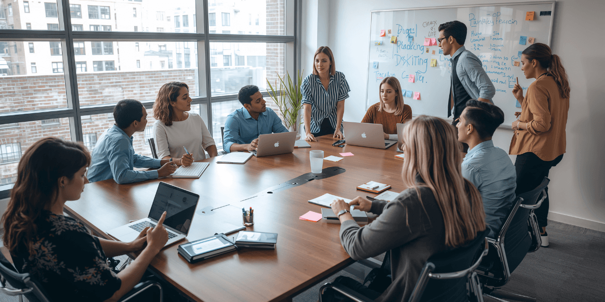 A diverse team of nine professionals gathers around a large wooden conference table for a brainstorming session. Several have open laptops, notebooks, and sticky notes in front of them.