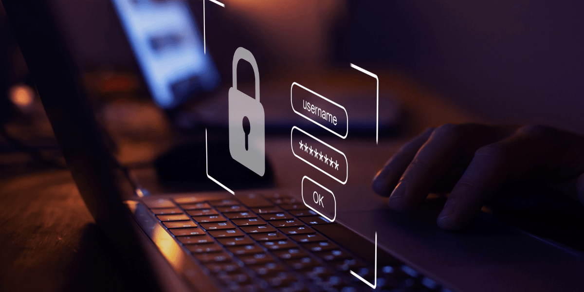 A person's hand on a laptop keyboard with an illustrated login form, padlock icon, and password field representing data security.