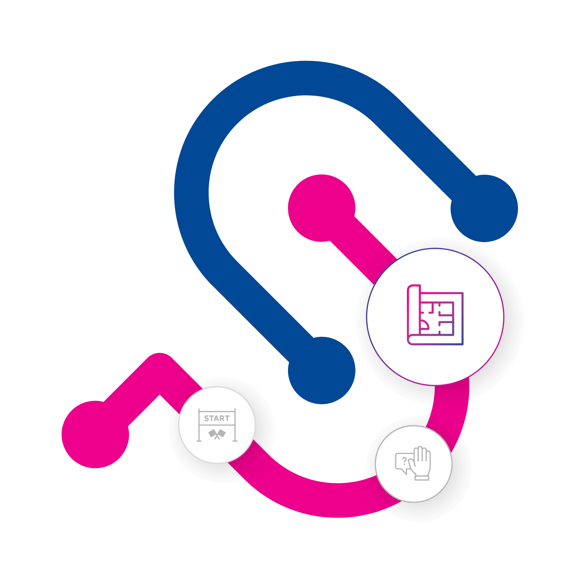 SimpliPhi 'S' logo in blue and pink connected nodes, with a highlighted blueprint/floor-plan icon representing planning or design; faded start-line and question/raised-hand icons appear alongside.