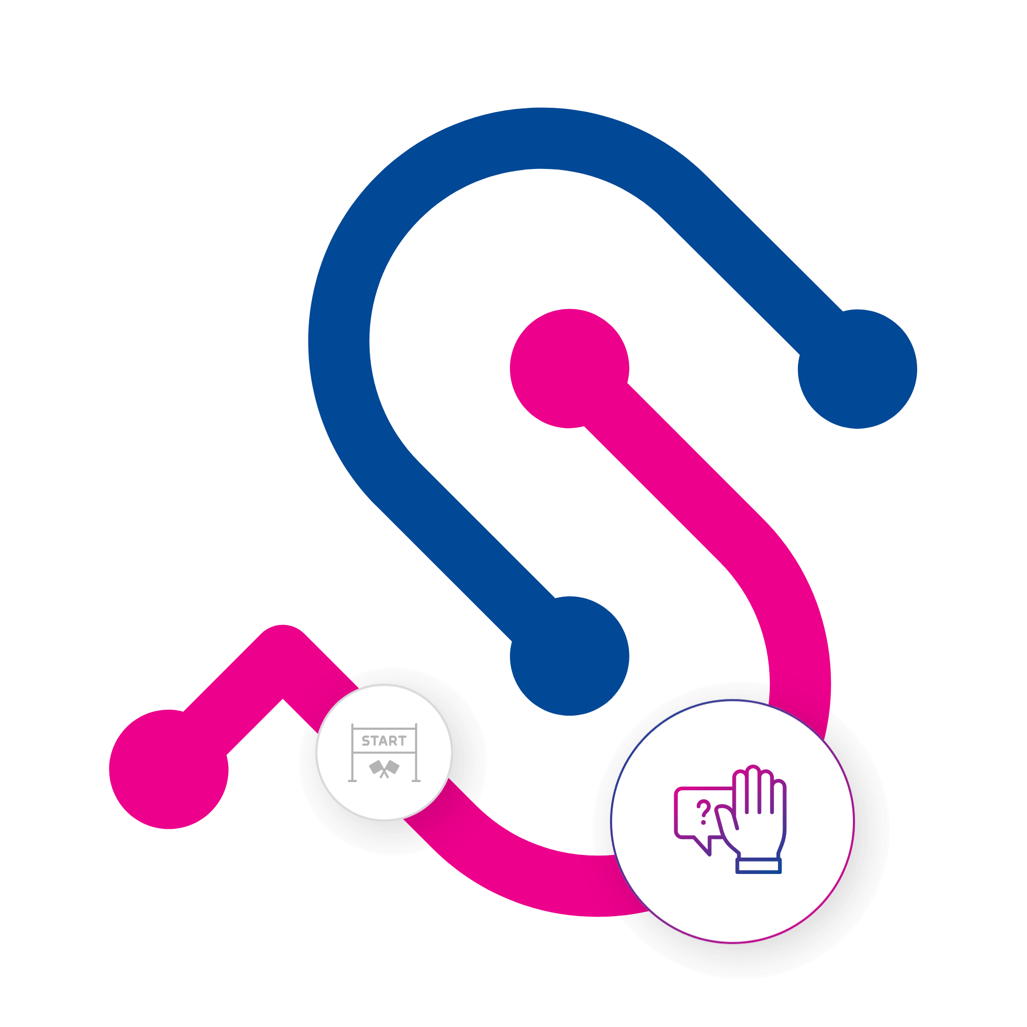 SimpliPhi 'S' logo with a highlighted raised-hand and question-mark speech-bubble icon representing questions or support; a faded start-line icon appears alongside.