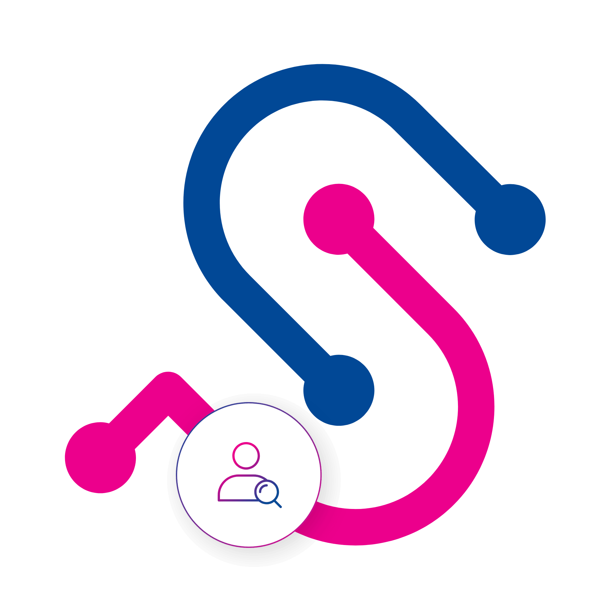 SimpliPhi 'S' logo in blue and pink connected nodes, with a highlighted icon of a person and magnifying glass representing candidate search.